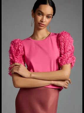 Flat White x Anthropologie Hot Pink Puff-Sleeve Ruffle Top Size Small